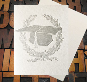 Letterpress Card with an image of a graduation cap and a laurel
