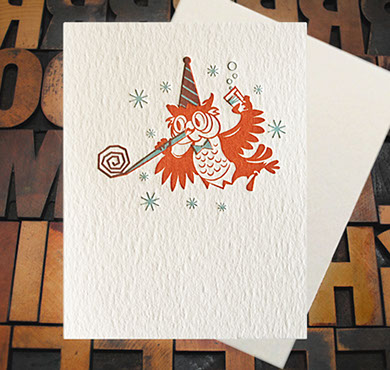 Letterpress Card with an owl in a cap drinking