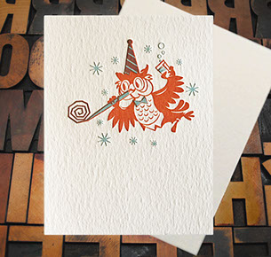 Letterpress Card with an owl in a cap drinking