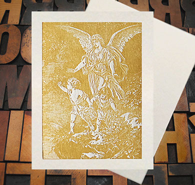 Letterpress Card with an image of an angel and two children in nature