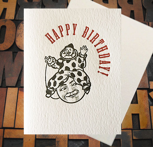 Letterpress Card with the text "Happy Birthday!" above a clown sitting on the moon