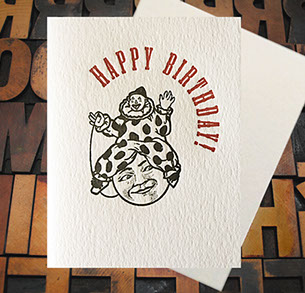 Letterpress Card with the text "Happy Birthday!" above a clown sitting on the moon