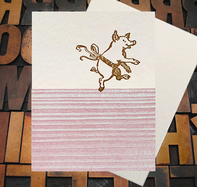 Letterpress Card with an image of a dancing pig wearing a ribbon