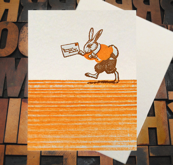 Letterpress Card with an image of a rabbit wearing clothes and carrying a letter