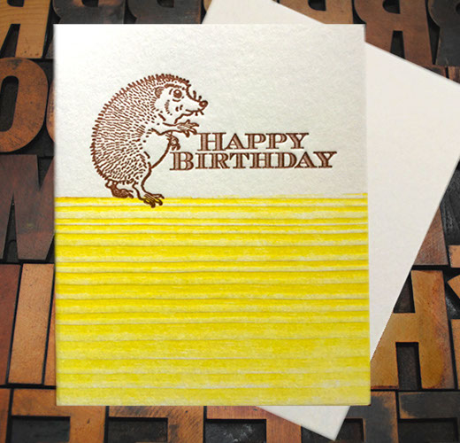 Letterpress Card with an image of a hedgehog and the text "Happy Birthday"