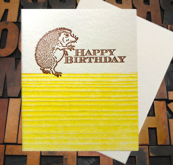 Letterpress Card with an image of a hedgehog and the text "Happy Birthday"
