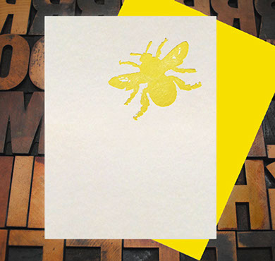 Letterpress Card with an image of a yellow honeybee