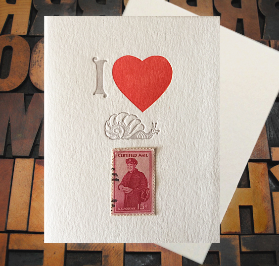 Letterpress Card with a vintage stamp and the text, "I -heart- -snail- Mail"