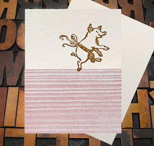 Letterpress Card with an image of a pig wearing a ribbon dancing