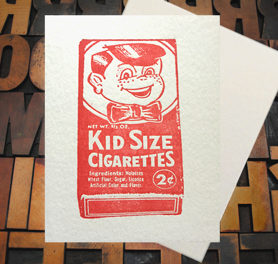 Letterpress Card with an image of a carton of cigarettes for children