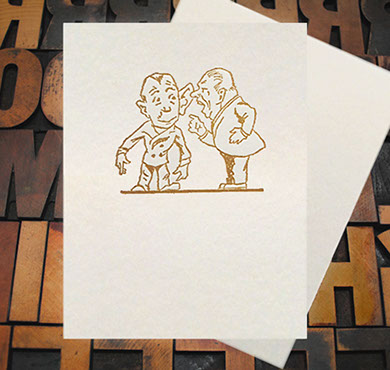 Letterpress Card with an image of two men talking, one with a very large ear