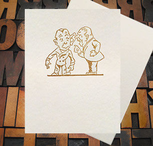 Letterpress Card with an image of two men talking, one with a very large ear