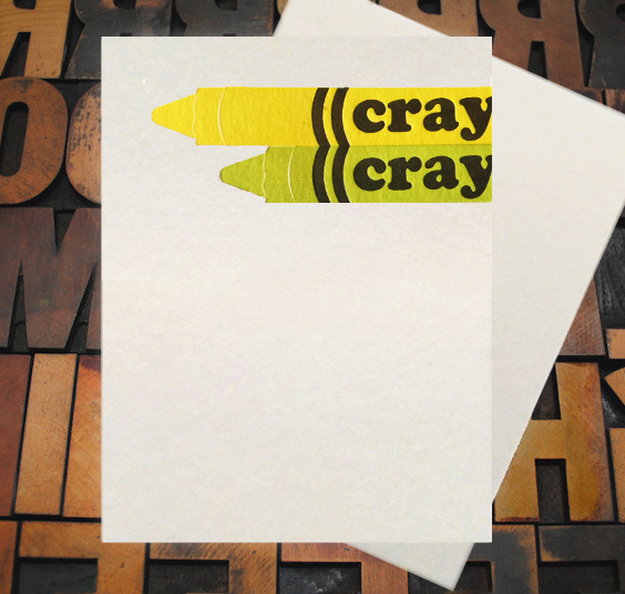 Letterpress Card with an image of two labeled crayons cut off to the right so that the text only displays "cray cray"