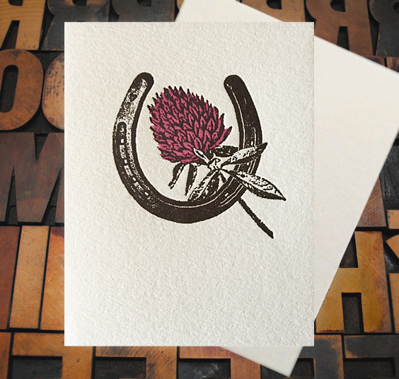 Letterpress Card with an image of a horseshoe and an red clover 