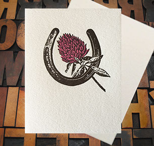 Letterpress Card with an image of a horseshoe and an red clover 