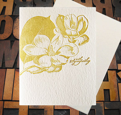 Letterpress Card with an image of magnolia blossoms and the text, "With Sympathy"