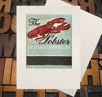 Letterpress Card with an image of a matchbook featuring an illustrated lobster and the text, "The Lobster—Oyster & Chophouse"
