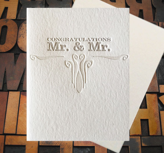 Letterpress Card with the text, "Congratulations Mr. & Mr." with a decorative vintage ornament