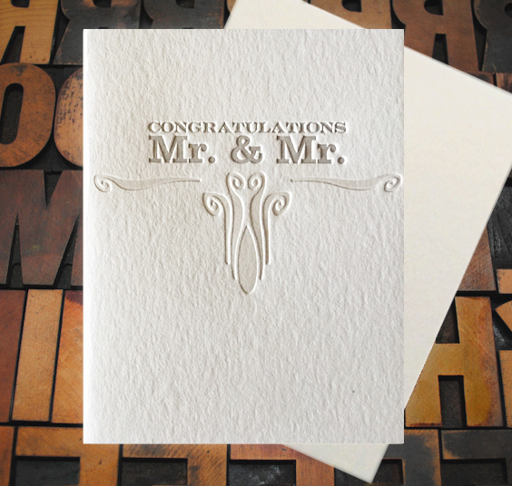 Letterpress Card with the text, "Congratulations Mr. & Mr." with a decorative vintage ornament