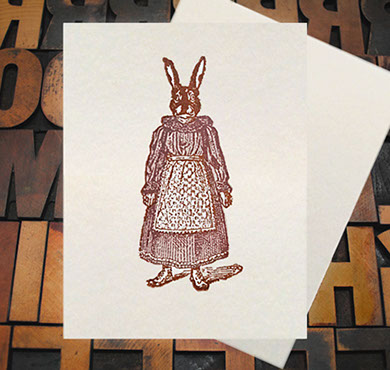 Letterpress Card with an image of a bunny wearing a dress and an apron