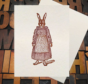 Letterpress Card with an image of a bunny wearing a dress and an apron