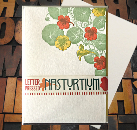Letterpress Cards featuring red and yellow nasturtium blossoms and green leaves