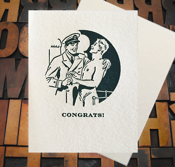 Letterpress Card with an image of an officer and a topless gentleman embracing over the text, "Congrats!"