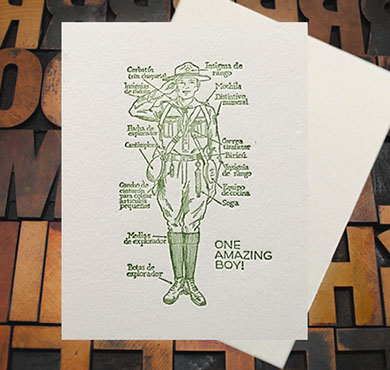 Letterpress Card with an image of a boy scout with his gear labeled