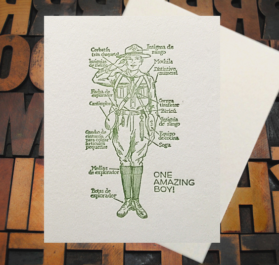 Letterpress Card with an image of a boy scout with his gear labeled