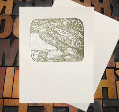 Letterpress Card with an image of a pelican and a scroll