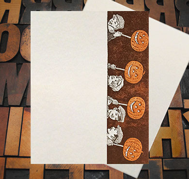 Letterpress Card with an image of children carrying jack-o-lanterns