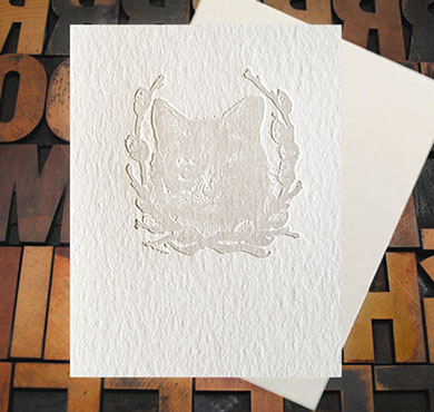Letterpress Card with an image of a kitten with a willow laurel