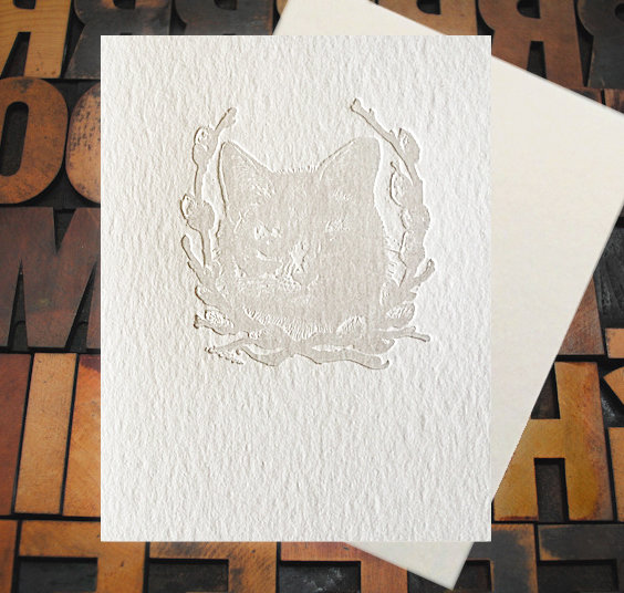 Letterpress Card with an image of a kitten with a willow laurel