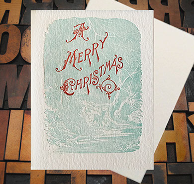 Letterpress Card with a snowy landscape and the text, "A Merry Christmas"
