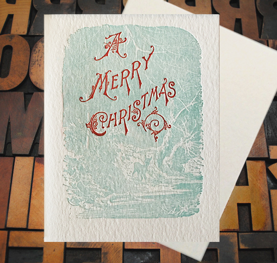 Letterpress Card with a snowy landscape and the text, "A Merry Christmas"