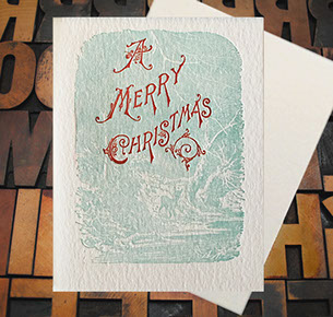 Letterpress Card with a snowy landscape and the text, "A Merry Christmas"