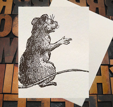 Letterpress Card with an image of a rat that looks as if it's telling a story