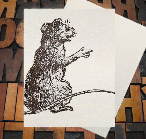 Letterpress Card with an image of a rat that looks as if it's telling a story