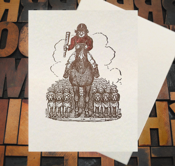 Letterpress Card with an image of a hunter, his horse, and his beagles