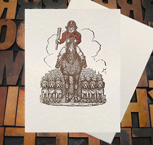 Letterpress Card with an image of a hunter, his horse, and beagles