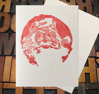 Letterpress Card with a red image of Santa