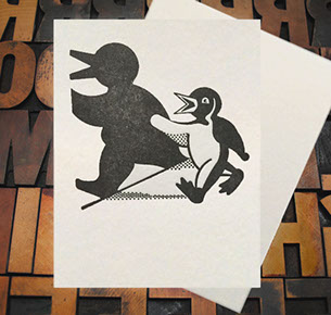 Letterpress Card with an image of a stylized penguin and his shadow