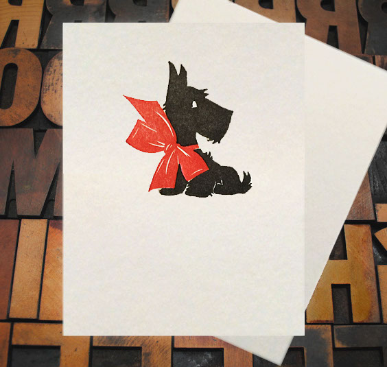 Letterpress Card with an image of a Scottie wearing a big red bow