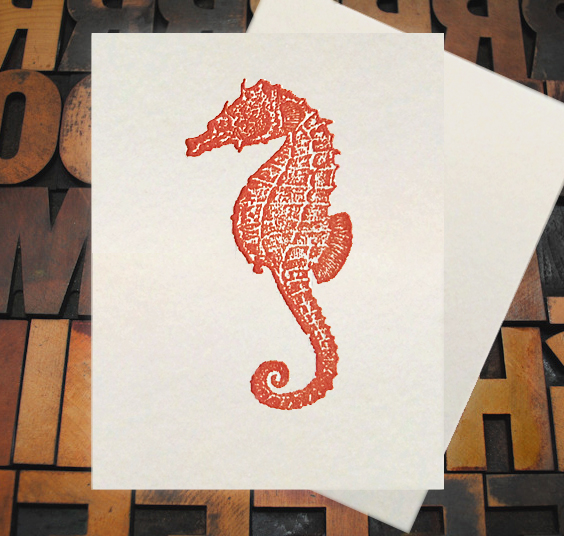 Letterpress Card with an image of a red seahorse