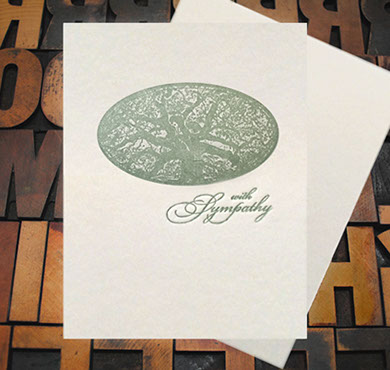 Letterpress Card with an image of a southern oak tree and the text, "with Sympathy"