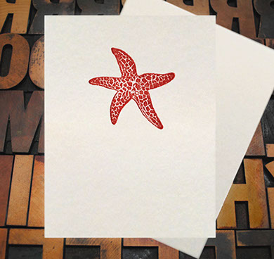 Letterpress Card with an image of a red starfish