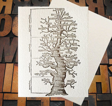 Letterpress Card with an image of the tree of life with labels