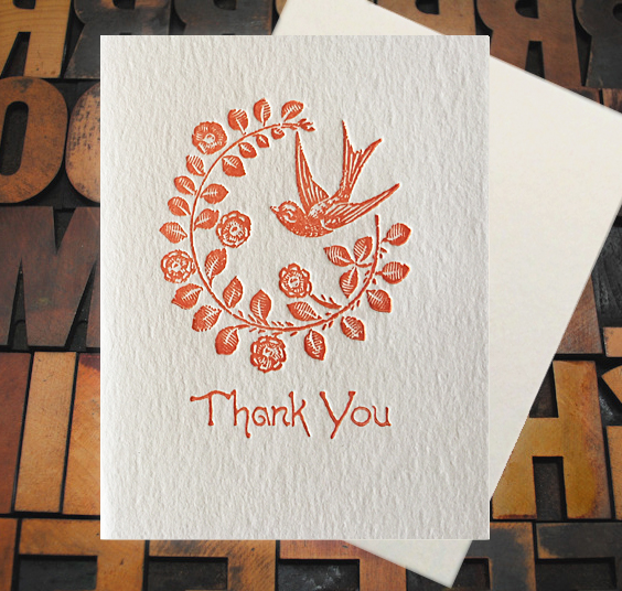 Letterpress Card with an image of a swallow, a floral laurel, and the text, "Thank You"