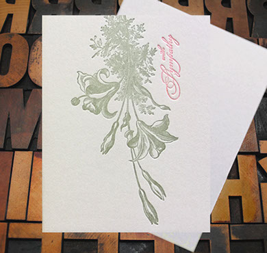 Letterpress Card with an image of lilies and the text, "With Sympathy."