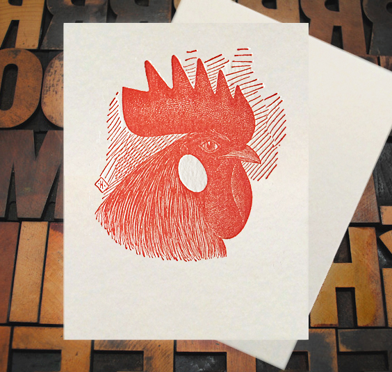 Letterpress Card with an image of a rooster head